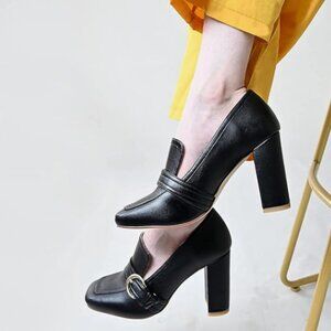 YDN Black Matt Chunky High Heels Square Toe Loafer Slip On Office Buckle Pumps